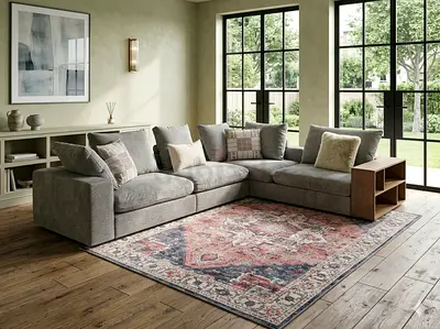 Flexform CorneLarge L-shaped Grey Fabric Corner Sofa with Built-in Wooden Side Storage (Left-facing)