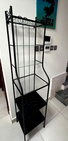Black Metal  Glass Shelving Unit — 4-Tier Storage Rack