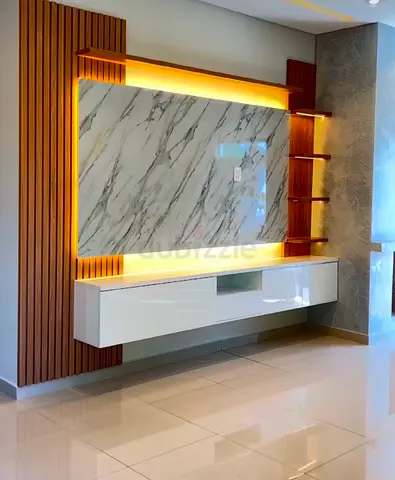 Modern Wall-Mounted Entertainment Unit with LED Backlight and Marble Panel