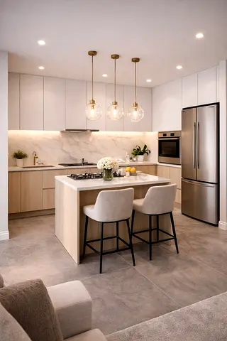 Modern Neutral Kitchen Island with Marble Backsplash and Pendant Lights