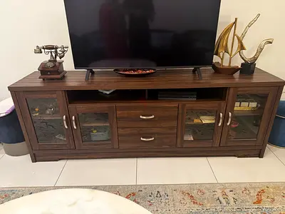 Wooden TV Entertainment Unit with Glass Doors - Good Condition