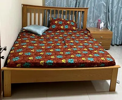 Solid Wood Double Bed with Matching Nightstand - Good Condition