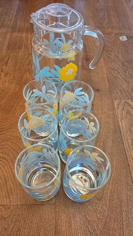 Glass Pitcher and 6 Matching Tumblers with Floral Design