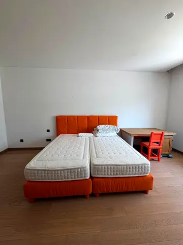 Pair of single Orange Beds with Mattresses and Headboards
