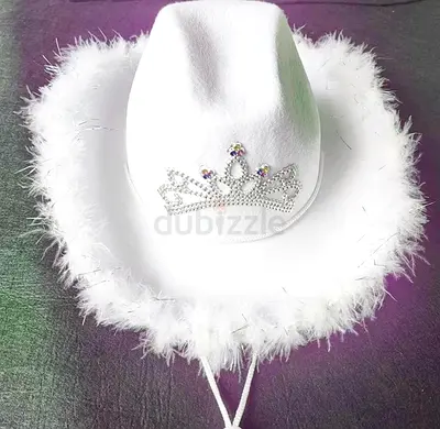 White Feather Trim Cowgirl Hat with Rhinestone Tiara Detail