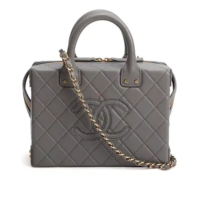 Authentic Chanel 2022 Grey Quilted Calfskin Leather Coco Vault Small Vanity Case Bag