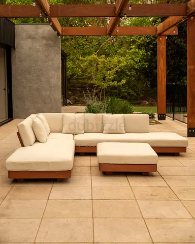 Beige Outdoor Modular Sectional Sofa with Ottoman — Solid Wood Base