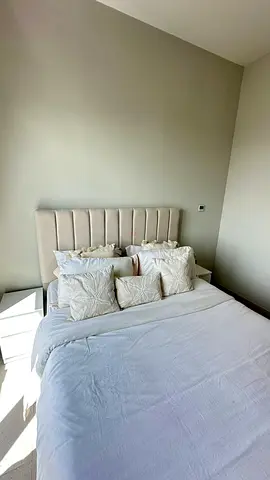 Queen size bed and Mattress with upholstered headboard and  - neutral beige
