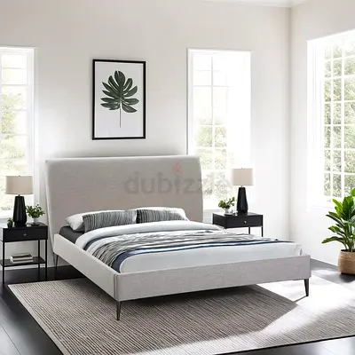 Smokey gray linen upholstered queen bed frame