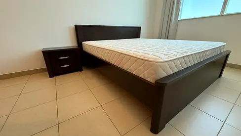 Dark Wood coloured king Bed Frame with Mattress and Nightstand - excellent Condition