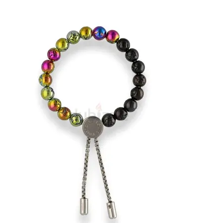 Adjustable Hematite Beaded Bracelet with Rainbow Accent Beads