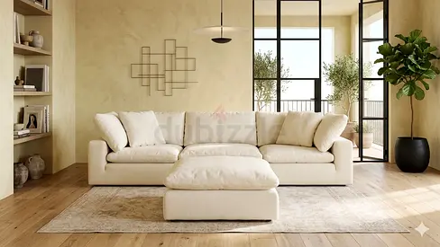 Marina home feather filled Sofa Light Beige 3-Seater Sofa with Ottoman — Good Condition
