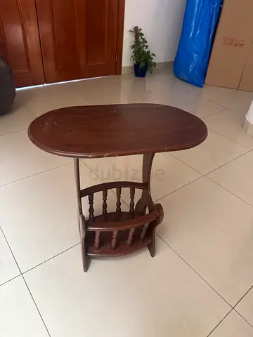 Vintage wooden round side table with magazine rack