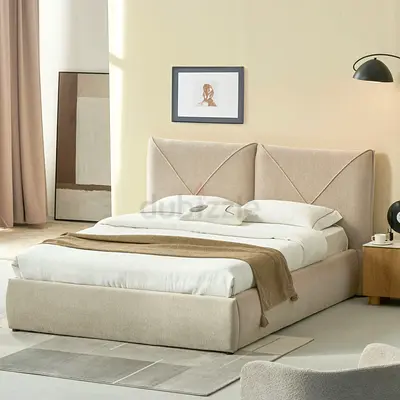 Splited cushion headboard beige hydraulic king bed frame