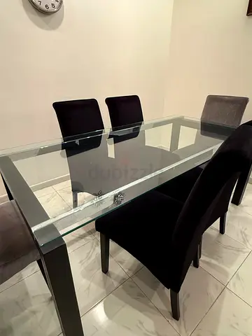 Glass Top Dining Table with 6 Velvet Chairs - Good Condition