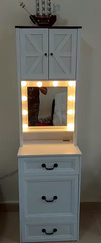 White Wooden Vanity Cabinet with Lighted Mirror and motion sensor - Compact Makeup Station