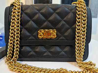 Black Quilted Leather Shoulder Bag with Gold Chain Strap