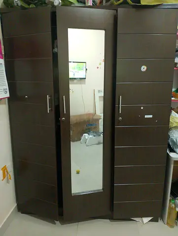 Dark Brown 3-Door Wardrobe with Full-Length Mirror - Solid Condition