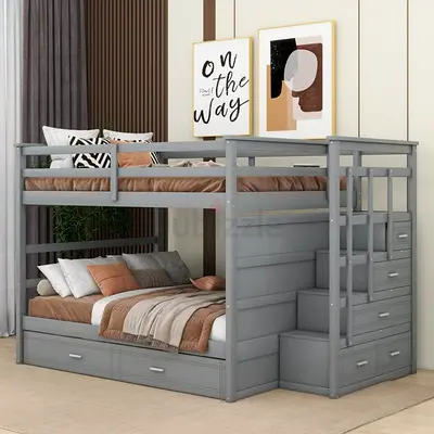 Gray Wooden Bunk Bed with Storage Stairs and Trundle - Modern Design