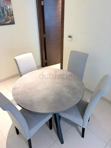 Round Dining Table with 4 Upholstered Chairs - Light Grey