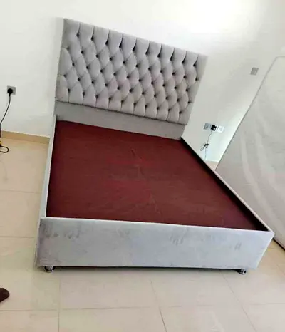Grey Tufted Fabric Double Bed Frame with Headboard