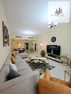 Sharjah, Al Taawun area, spacious furnished apartment with hotel-style furniture, first occupancy. T