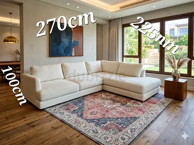 West Elm L Shape Sofa BeiLrge Vintage-Style Area Rug 270x225cm (100cm fringe shown) - Good Condition