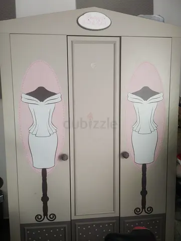 White/Pastel Double Wardrobe with Dress Mannequin Graphics — Good Condition
