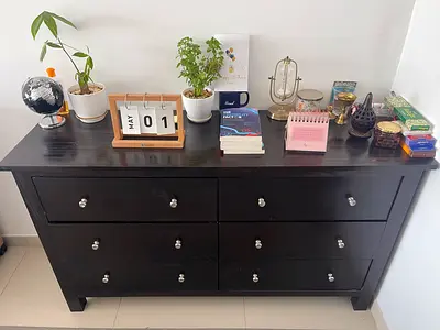 Black 6-Drawer Wooden Dresser / Chest of Drawers - 140 x 44 x 85 cm