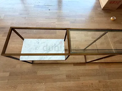 Slim Brass Console Table with Glass Top  Marble Shelf (The Line Concept)