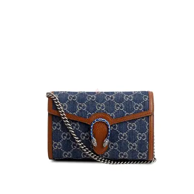 Authentic Gucci Blue Denim Jacquard GG Monogram Mini Dionysus Chain Wallet Bag