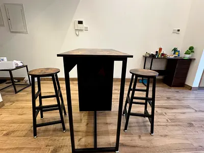 Wooden High Dining Table with 2 Stools - Rustic Industrial