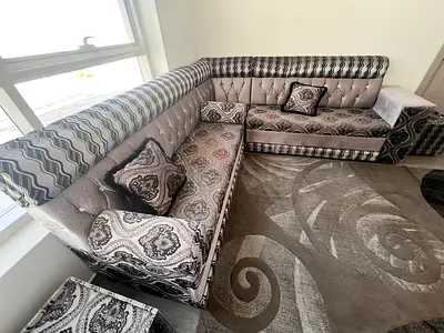 L-shaped Fabric Corner Sofa — Good Condition, Neutral Grey Pattern