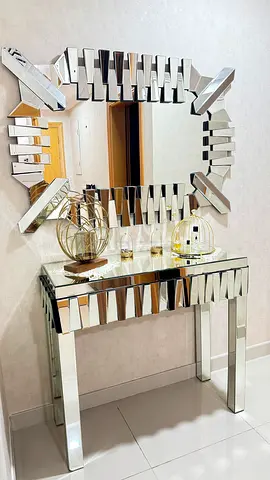 Mirrored Console Table with Decorative Matching Wall Mirror - Modern Glam