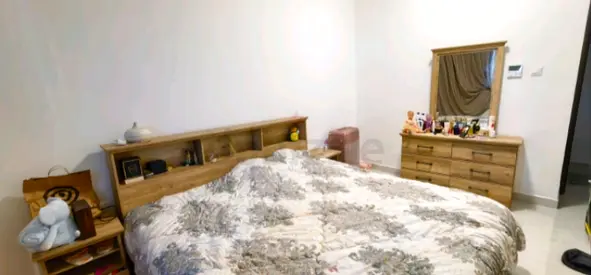 Queen wooden bed frame with headboard, matching dresser and bedside table - good condition