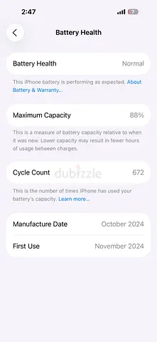 iPhone with 88% Battery Health, 672 Cycles (First used Nov 2024)