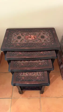 Set of 4 Vintage Nesting Tables with Inlaid Oriental Design