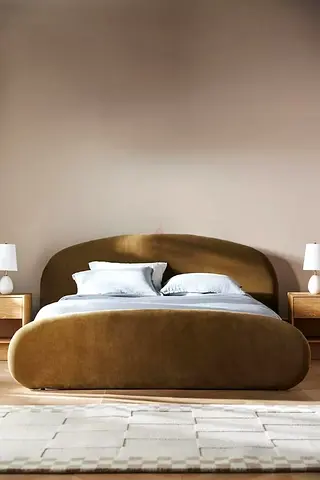 Upholstered Modern queen size Bed with Curved Headboard - Beige/Olive