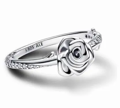 Pandora Sterling Silver Rose Ring with Pavé Band (Size Adjustable)