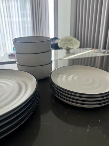 Set of white stoneware dinner plates and bowls - good condition