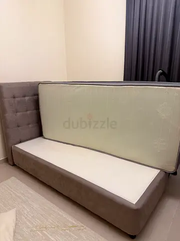 Single Bed Queen upholstered bed frame with mattress (grey, good condition)