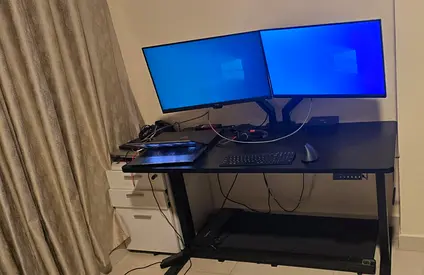 Full Ergonomic Desk Setup (Standing Desk + 2 Monitors + Dual Monitor Mount)
