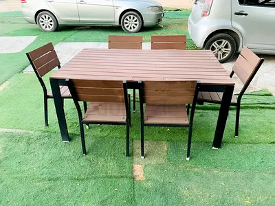 Outdoor 6-Seater Dining Table with Metal Frame and Wood-Style Slats