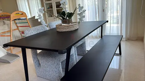 Custom Made Black Solid Metal Dinning table plus two Metal benches and two Upholstered Chairs