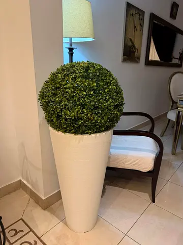 Tall White Floor Planter with Artificial Topiary Ball