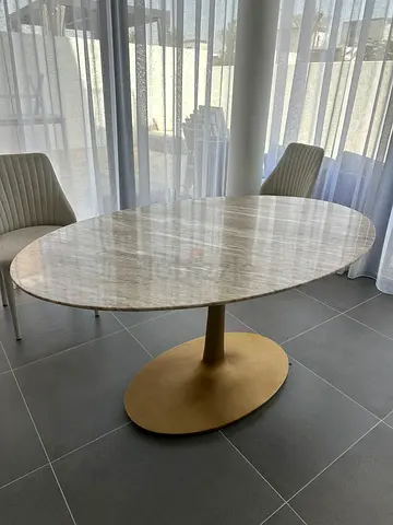 Crate and barrel Marble-Top Dining Table with Gold Pedestal Base