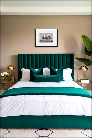 Emerald Green Velvet Bed Frame with Vertical Channel Headboard