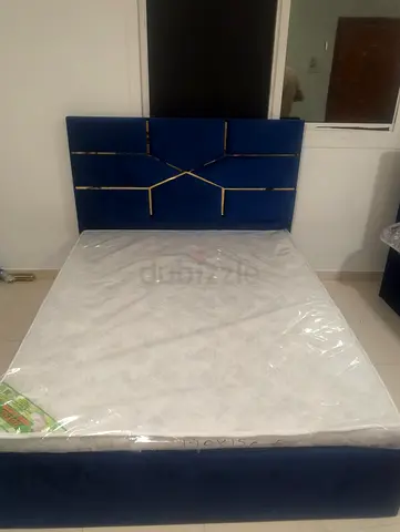 Blue Velvet Double Bed with Headboard (Mattress Included)