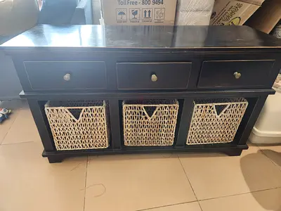Solid Wood TV Console Cabinet with Wicker Baskets