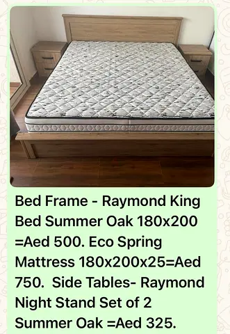 King Size Raymond Bed Frame with Eco Spring Mattress  2 Nightstands (Summer Oak)